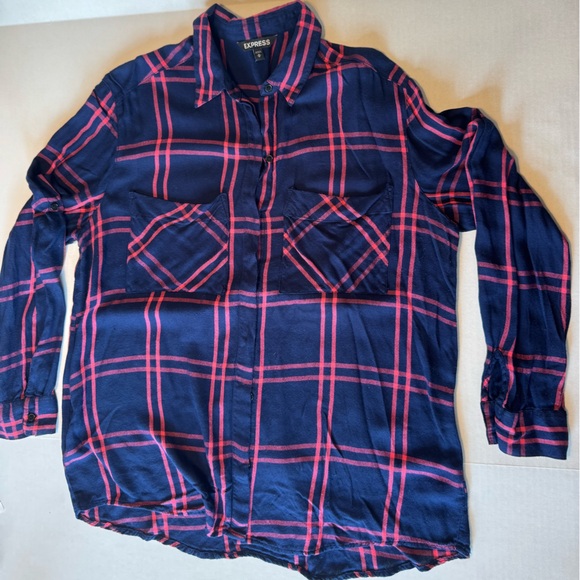 Express Tops - Express Women's Navy and pink lightweight Plaid Button Down Shirt size medium